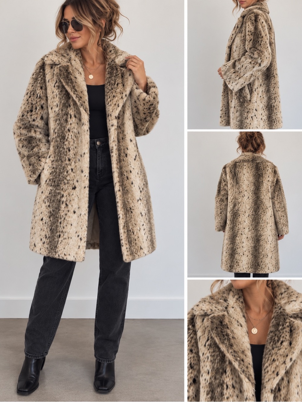 Vintage Scandinavian Faux Fur Coat Size M Snow Leopard Spotted USA Mob Wife Glam